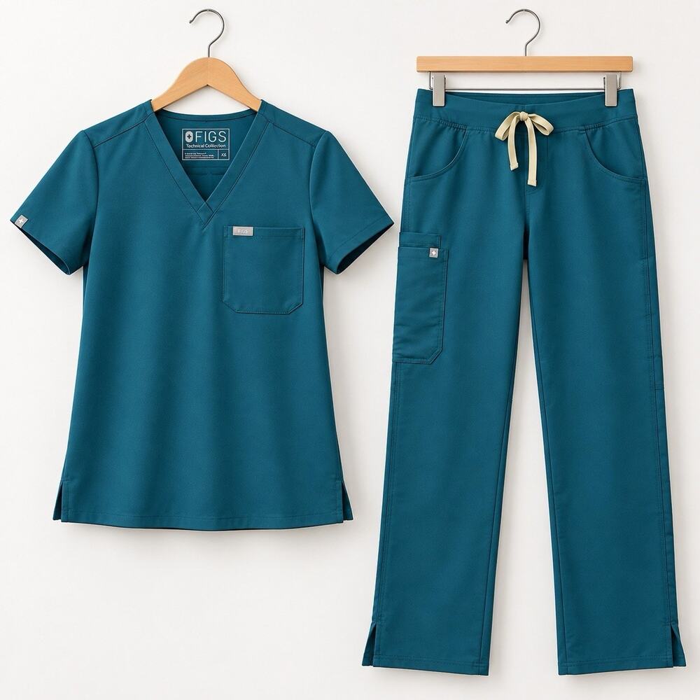 FIGS Catarina Scrub Top XS Kade Straight Pants S Caribbean Blue Scrub Set 2pc